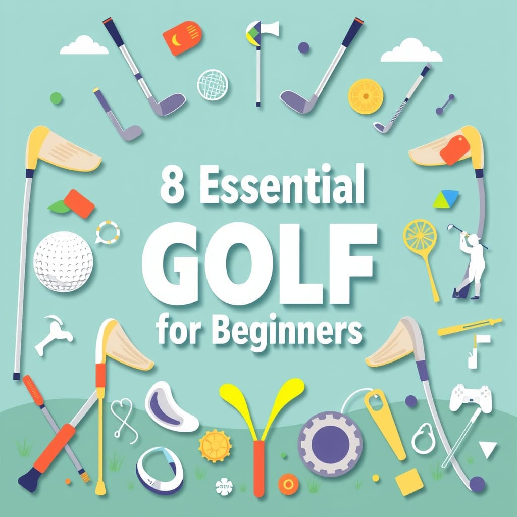 8 Essential Golf Tips for Beginners: Learn the Basics & Improve Fast 11 Stylized summary image of beginner golf tips with icons for swing, gear, and etiquette