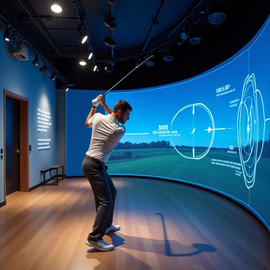 High-speed cameras analyzing golf swing with ball impact data overlays in a modern training studio.