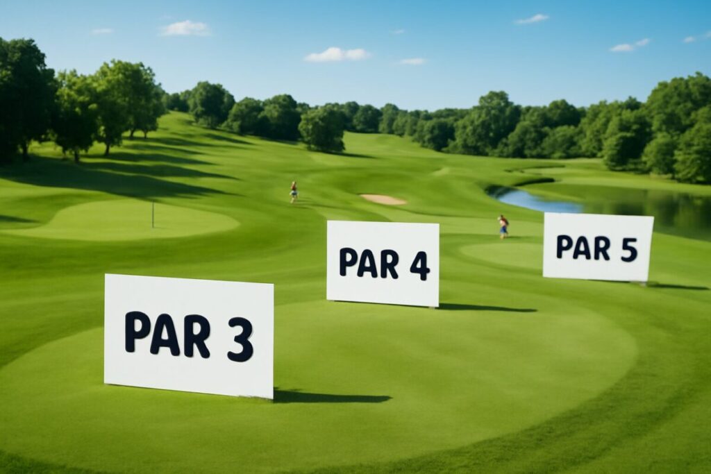 10 Essential Golf Terminology Every Newbie Must Know to Boost Your Game 2 A scenic golf course showing a variety of holes labeled "Par 3," "Par 4," and "Par 5." Include hills, sand traps, and water hazards, with golfers in the distance practicing their shots.