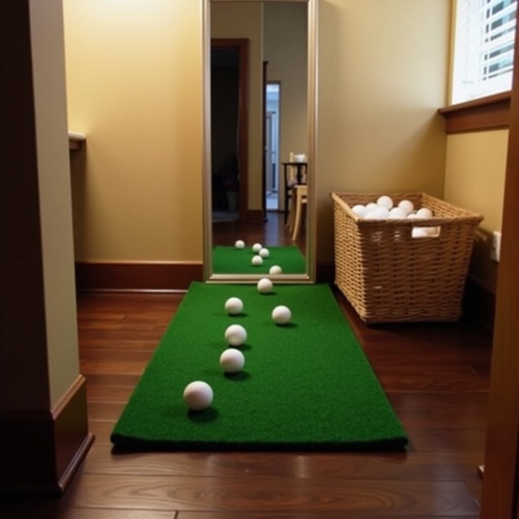 9 Golf Swing Drills to Practice at Home: Simple Exercises to Improve Your Swing 2 Indoor golf practice area using mat, mirror, and basket to practice swing in a compact space
