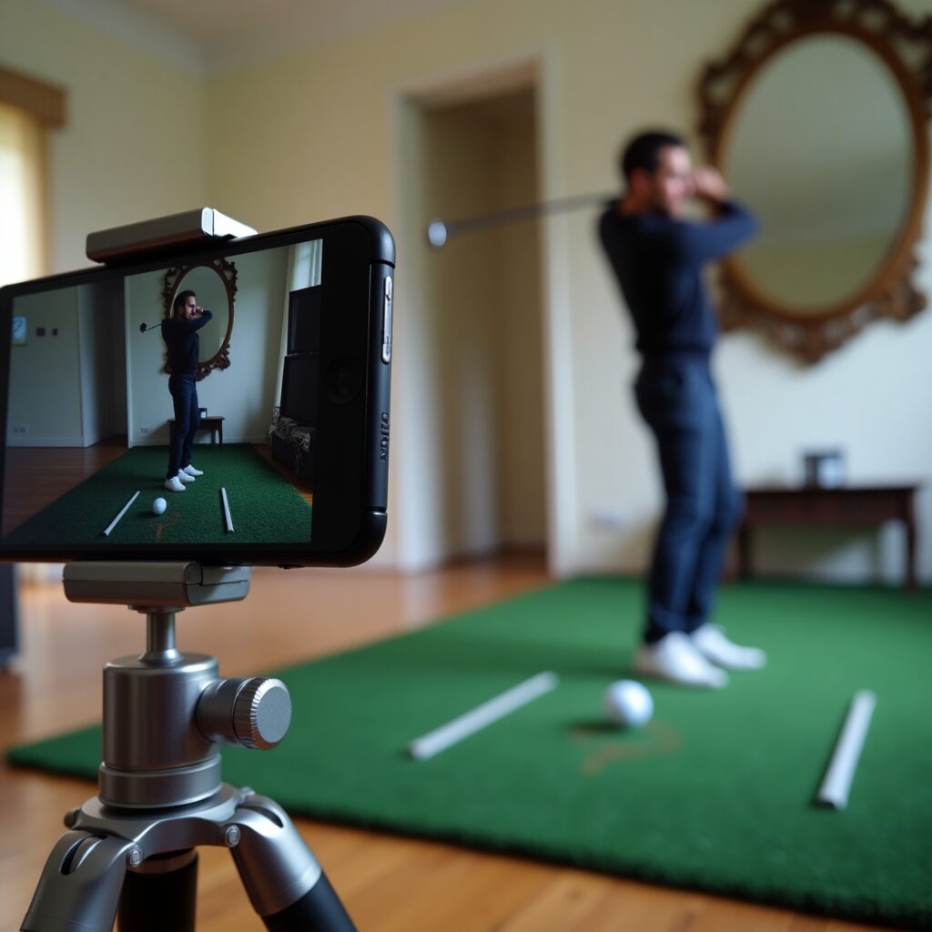 9 Golf Swing Drills to Practice at Home: Simple Exercises to Improve Your Swing 6 Golfer using two tees to practice full swing consistency at home while recording with a smartphone.