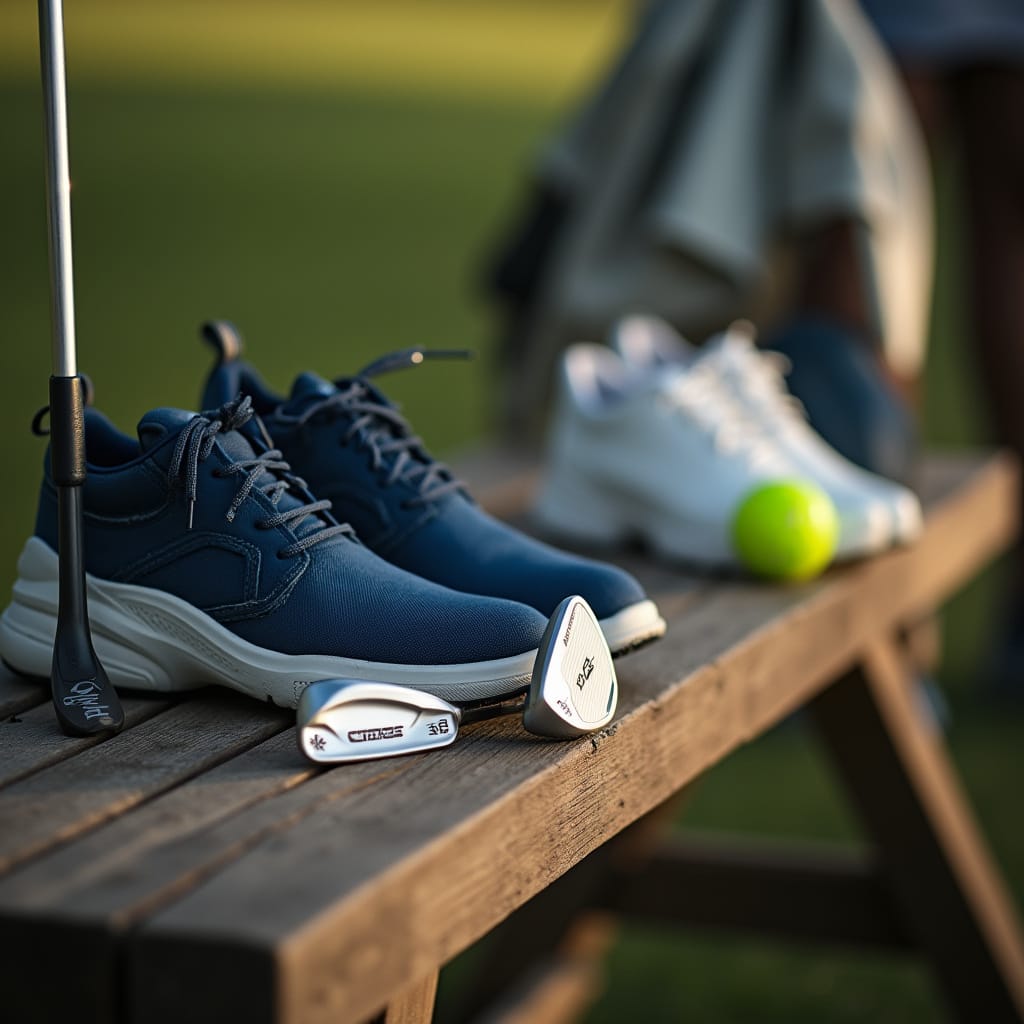 8 Essential Golf Tips for Beginners: Learn the Basics & Improve Fast 3 Affordable golf gear laid out on a wooden bench—driver, wedge, golf balls, and basic shoes, natural light