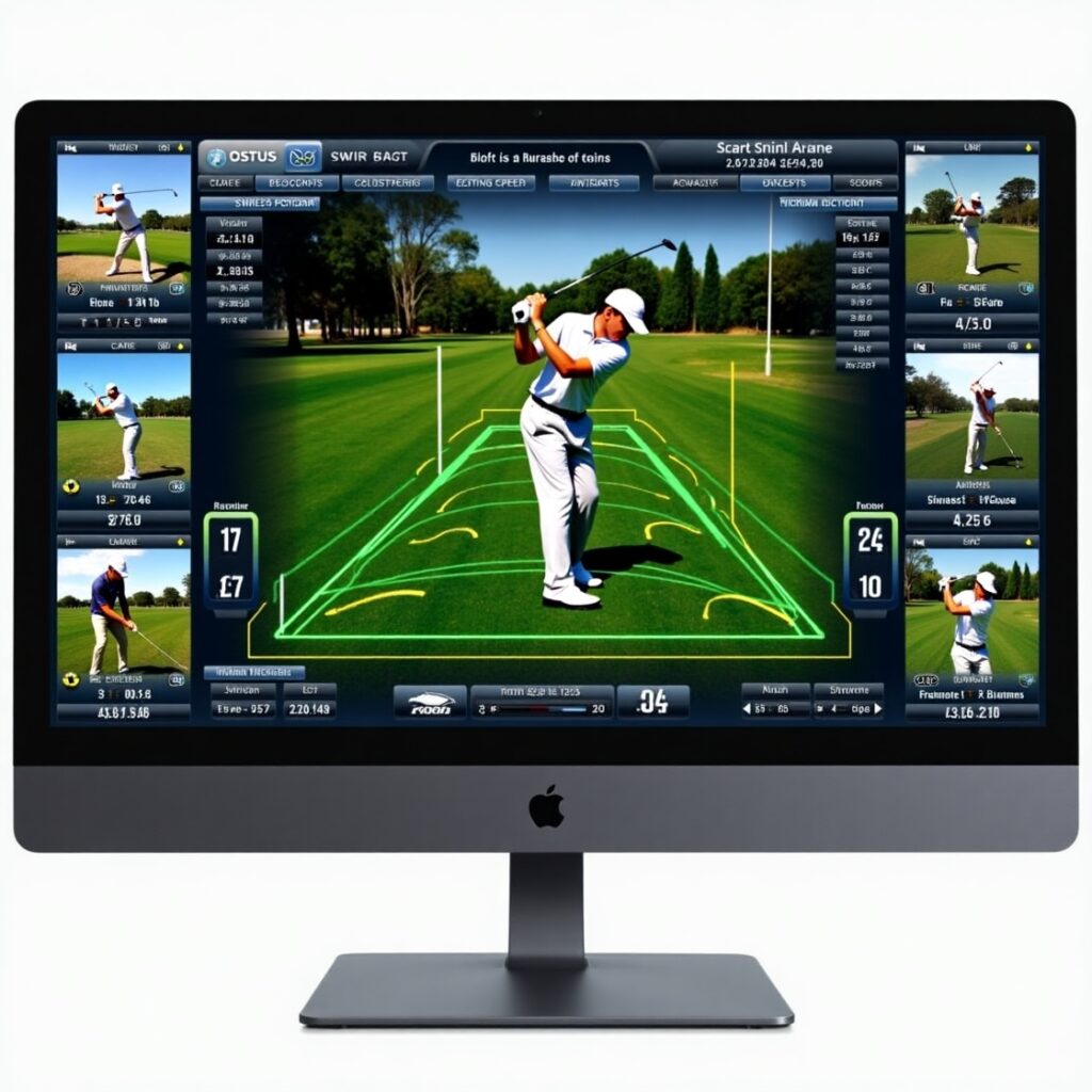 Computer screen showing detailed golf swing analysis software with metrics, swing path, and slow-motion replay.