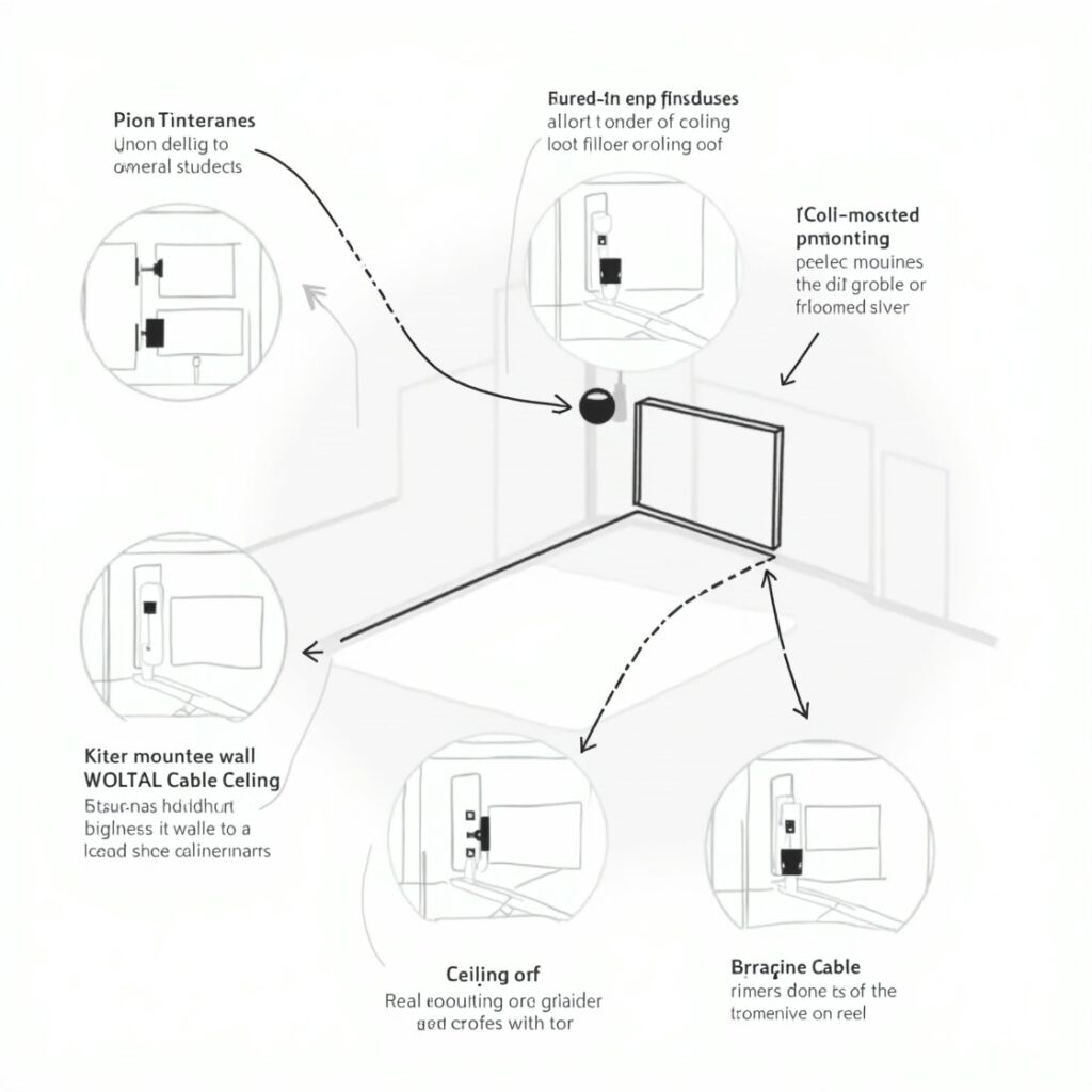 Diagram showing installation steps for golf swing camera including location, mounting, power, and testing.