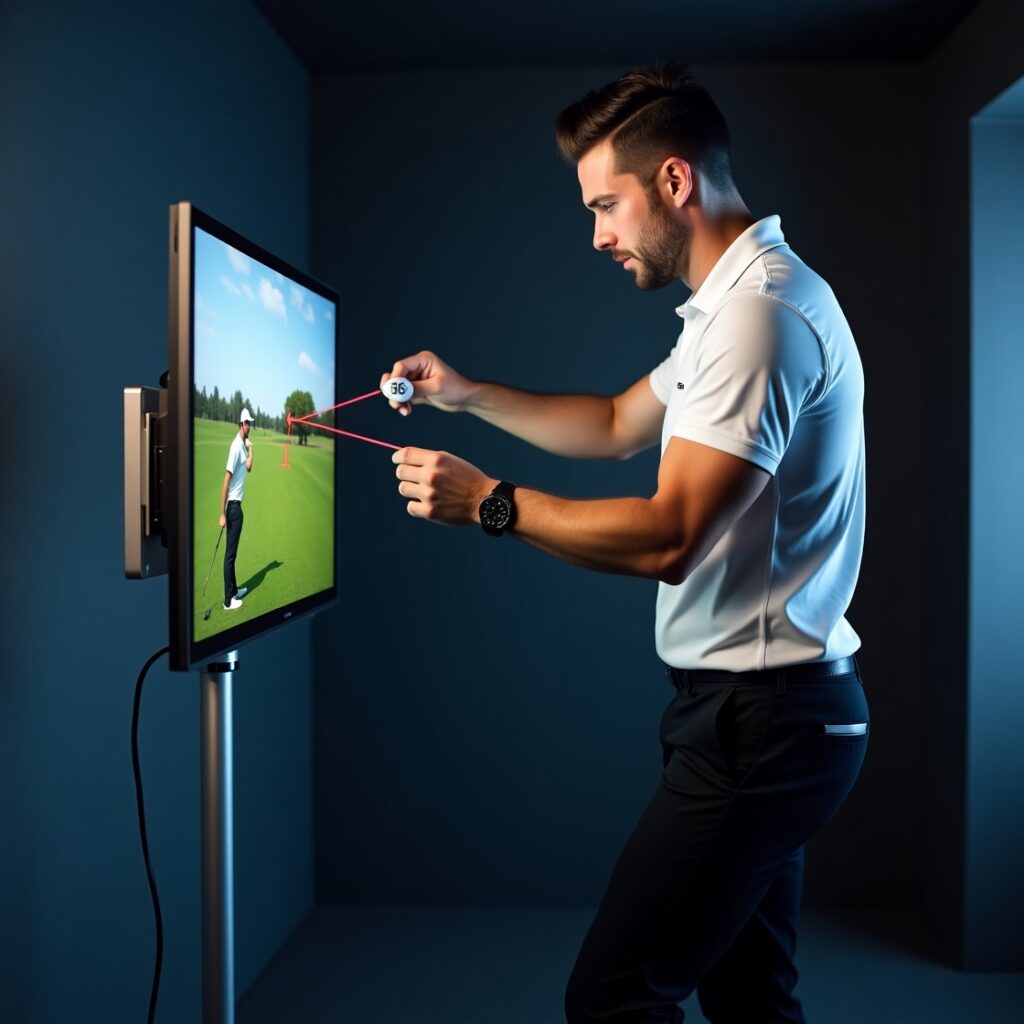 Professional golfer studying slow-motion swing footage to improve impact mechanics and ball flight.