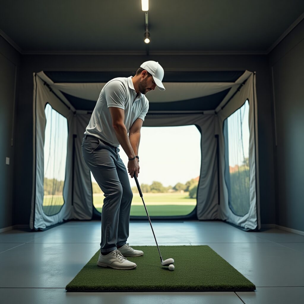 9 Golf Swing Drills to Practice at Home: Simple Exercises to Improve Your Swing 5 Practicing takeaway phase of golf swing indoors with net and foam ball in a garage