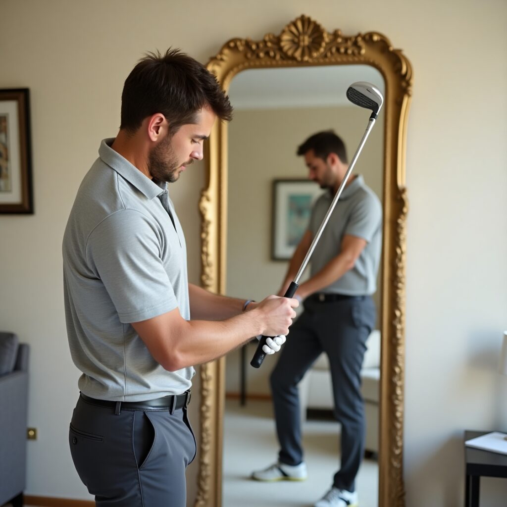 9 Golf Swing Drills to Practice at Home: Simple Exercises to Improve Your Swing 7 Golfer checking swing posture and alignment in a mirror during indoor practice.