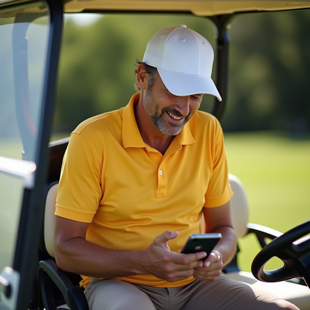 8 Essential Golf Tips for Beginners: Learn the Basics & Improve Fast 7 A new golfer reading golf rules on their phone while standing next to a cart, sunny day