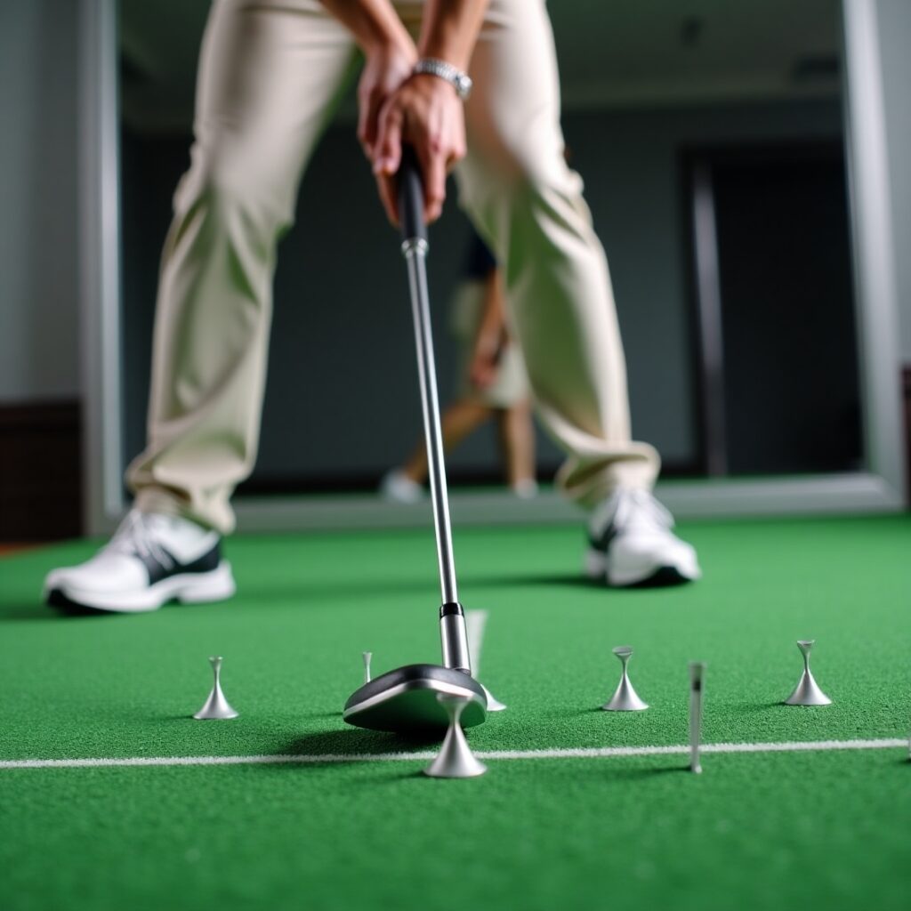 9 Golf Swing Drills to Practice at Home: Simple Exercises to Improve Your Swing 4 Golf club on mat with alignment sticks and mirror used to improve grip and stance at home