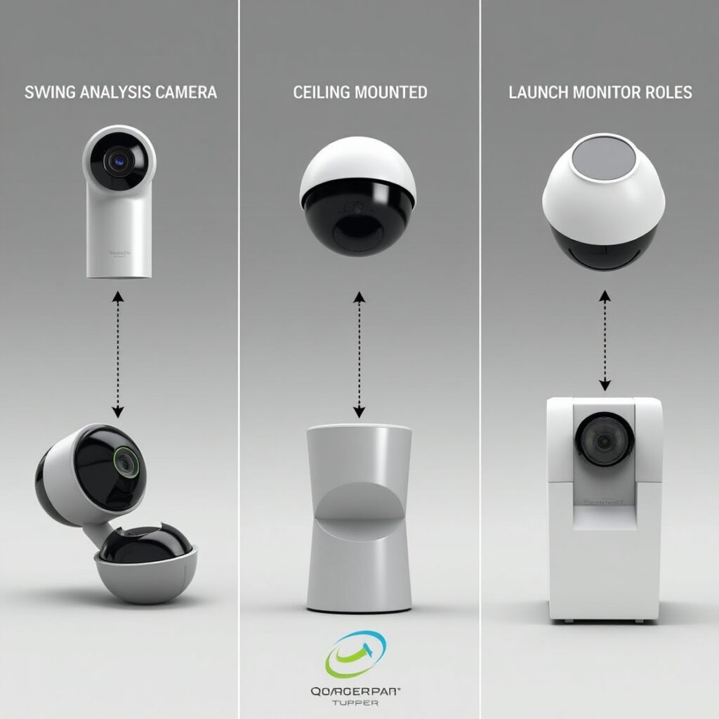 Side-by-side comparison of swing analysis, ceiling-mounted, and launch monitor cameras with feature highlights.