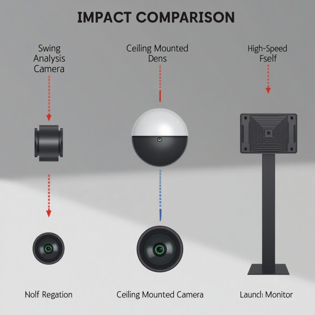 Side-by-side comparison of swing analysis, ceiling-mounted, and launch monitor cameras with feature highlights.