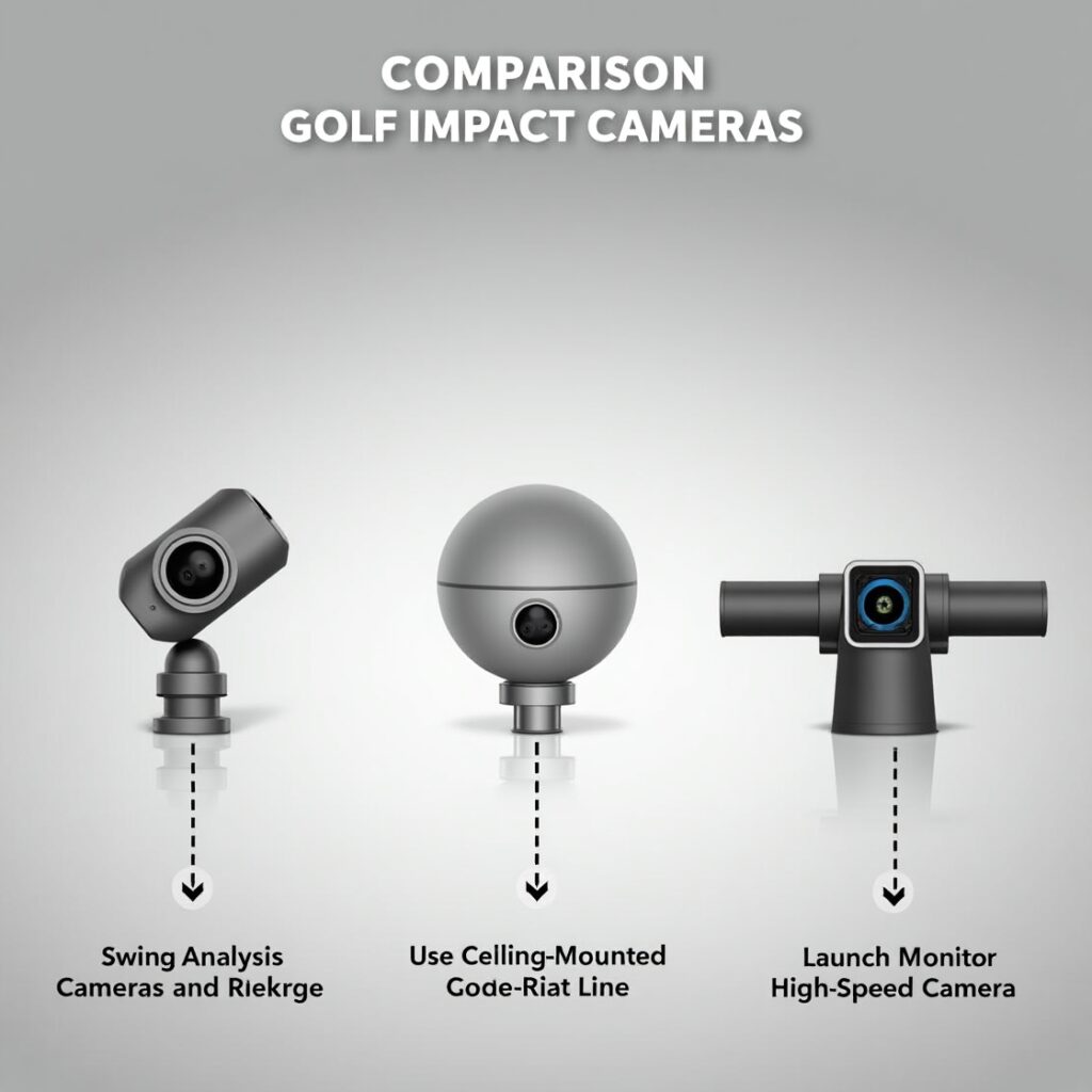 Side-by-side comparison of swing analysis, ceiling-mounted, and launch monitor cameras with feature highlights.