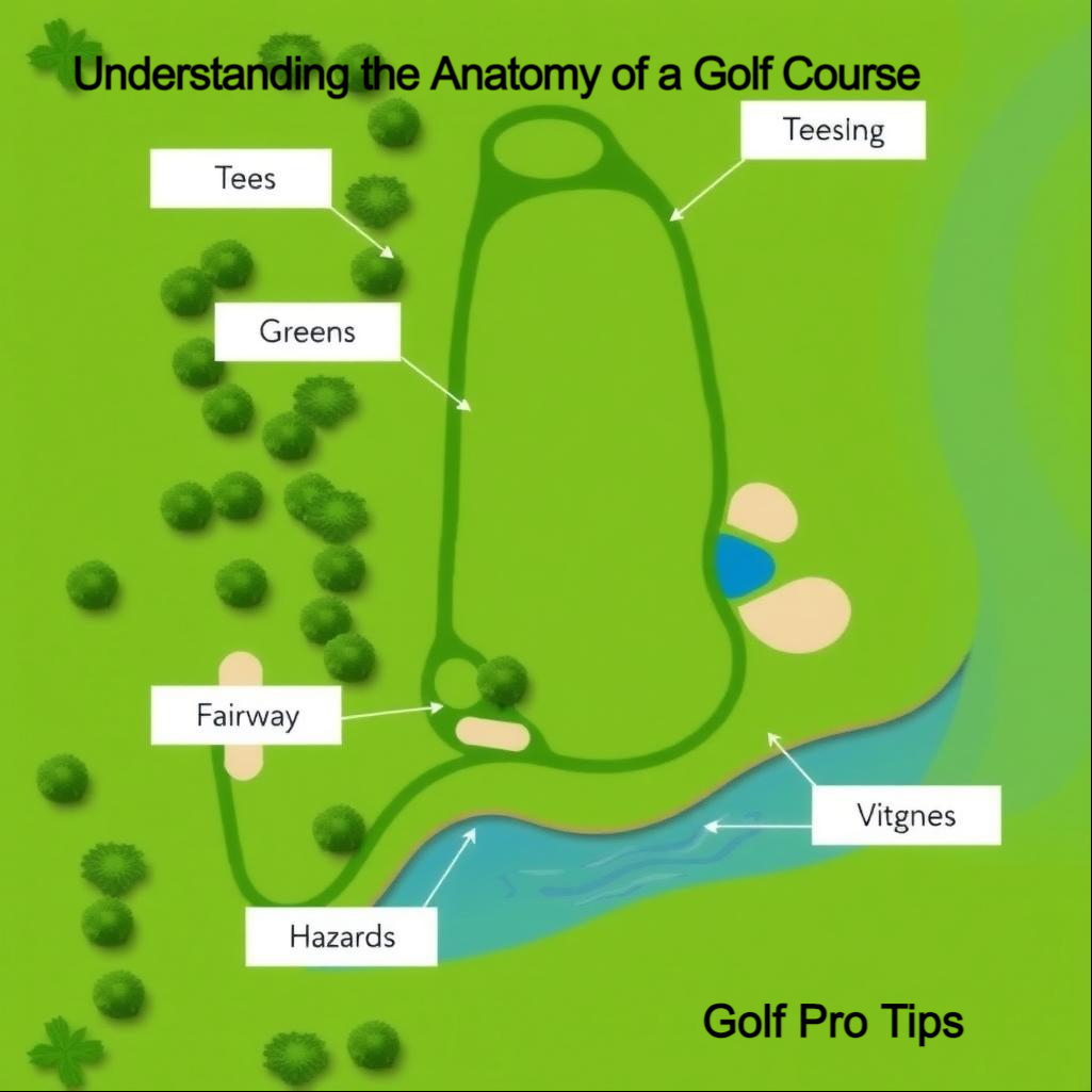 10 Brilliant Golf Course Tips for Beginners: Play Smarter, Not Harder 4 Labeled diagram of golf course elements including tee boxes, fairways, greens, and hazards