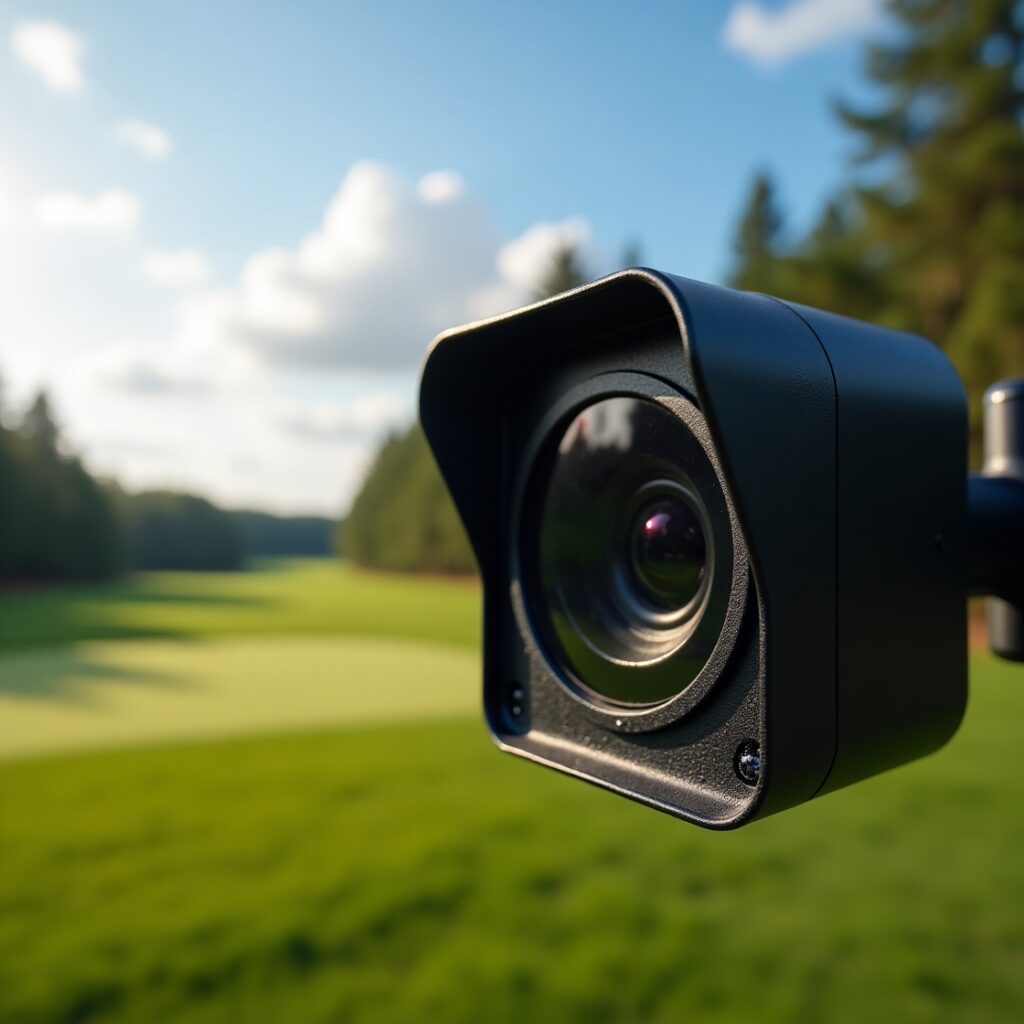 Golf swing camera mounted outdoors with weatherproof enclosure protecting it from rain and dust.