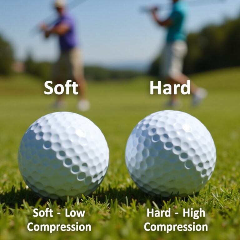 Visual comparison of soft and hard golf balls on a golf course, showing their structural and compression differences.