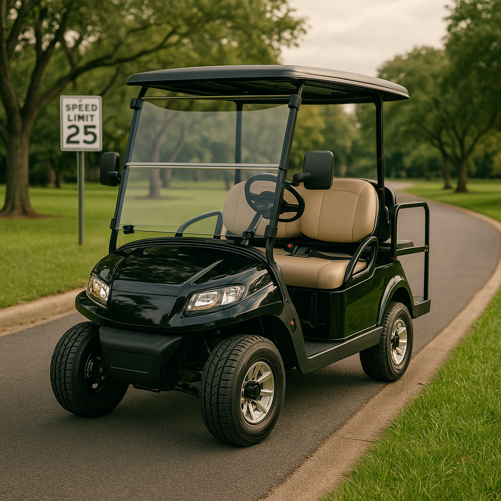 Street-ready golf cart equipped with lights, mirrors, and windshield for legal road use